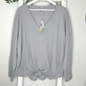 Como Vintage NWT 2X Gray Waffle Knit Button Front Tie Long Sleeve Top